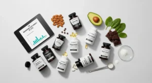 The image presents a visually appealing arrangement of various magnesium supplements, accompanied by a tablet displaying...